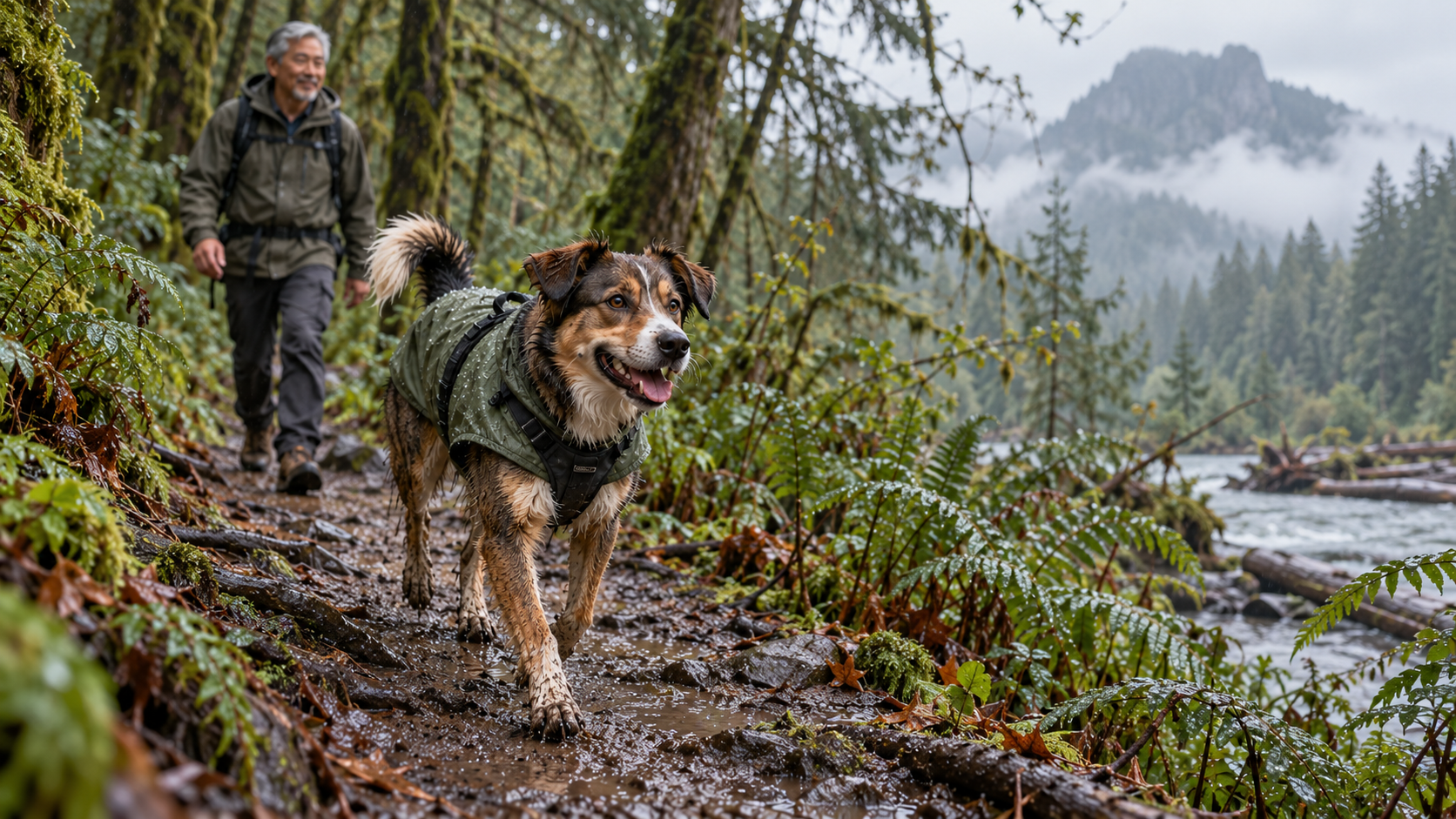 Timber the trail dog leads Mr. Si along a rainy forest trail near North Bend, Washington.