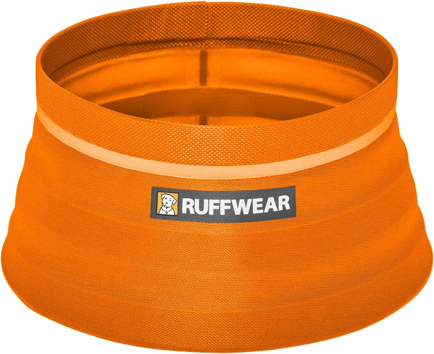Ruffwear collapsible trail dog bowl in orange with reflective trim and brand logo