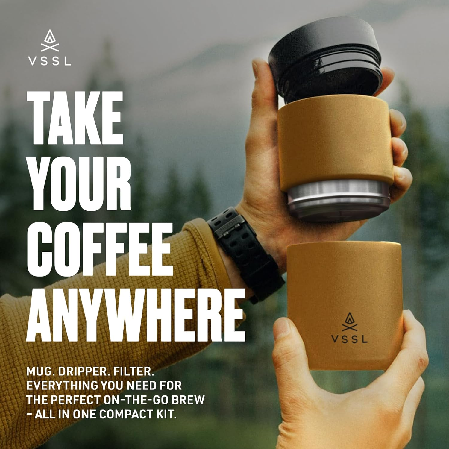 VSSL Camp hand-poured coffee mug and dripper kit in brushed gold, held outdoors